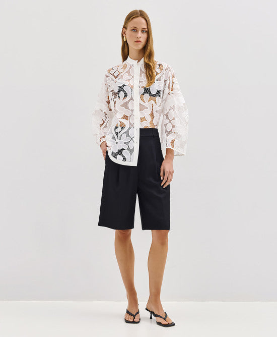 Chemise Brodée Ample à Col Officier